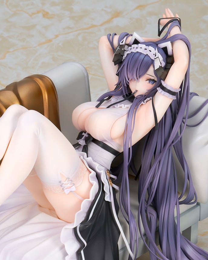 Azur Lane August von Parseval (The Conquered Unhulde Ver.) 1/7 Scale Figure in maid-inspired outfit, seated on sofa with long flowing hair.