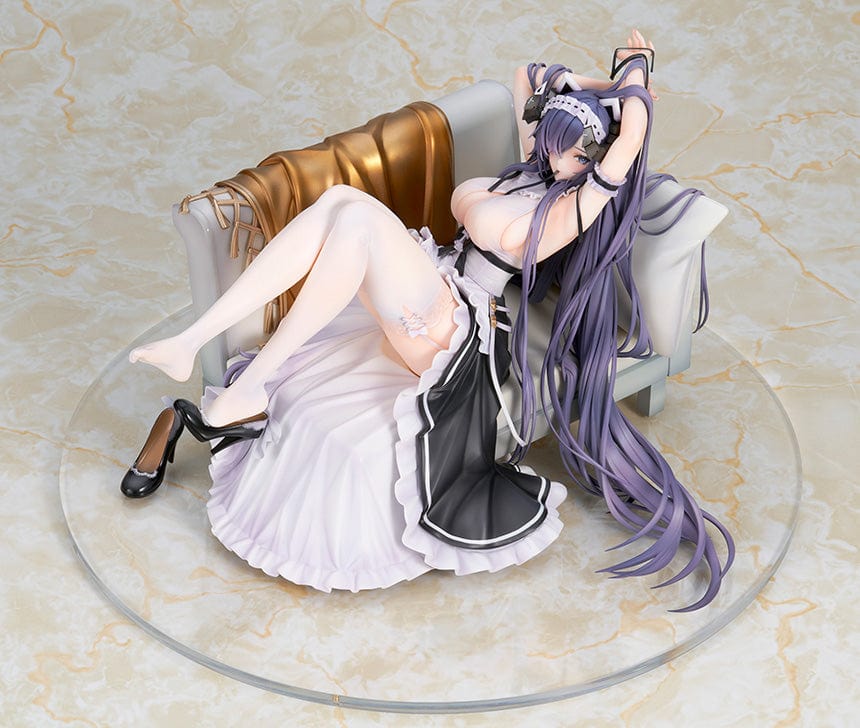 Azur Lane August von Parseval (The Conquered Unhulde Ver.) 1/7 Scale Figure in maid-inspired outfit, seated on sofa with long flowing hair.