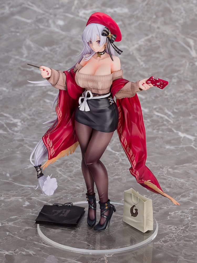 Azur Lane Belfast (Shopping with the Head Maid Ver.) 1/7 Scale Figure, poised with a pen and shopping list, donning a fashionable knit top and leather skirt under a vibrant red cloak, with shopping bag accessory, presenting a blend of everyday elegance and maid grace.