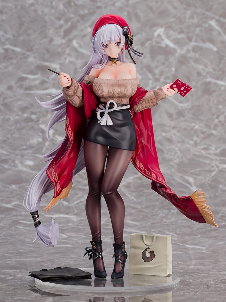 Azur Lane Belfast (Shopping with the Head Maid Ver.) 1/7 Scale Figure, poised with a pen and shopping list, donning a fashionable knit top and leather skirt under a vibrant red cloak, with shopping bag accessory, presenting a blend of everyday elegance and maid grace.