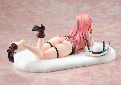 Azur Lane Bremerton (Hugging Pillow Ver.) 1/7 Scale Figure lying on a plush surface, with vibrant pink hair, black outfit, and detailed accessories.