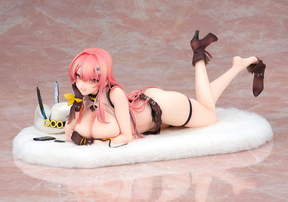 Azur Lane Bremerton (Hugging Pillow Ver.) 1/7 Scale Figure lying on a plush surface, with vibrant pink hair, black outfit, and detailed accessories.