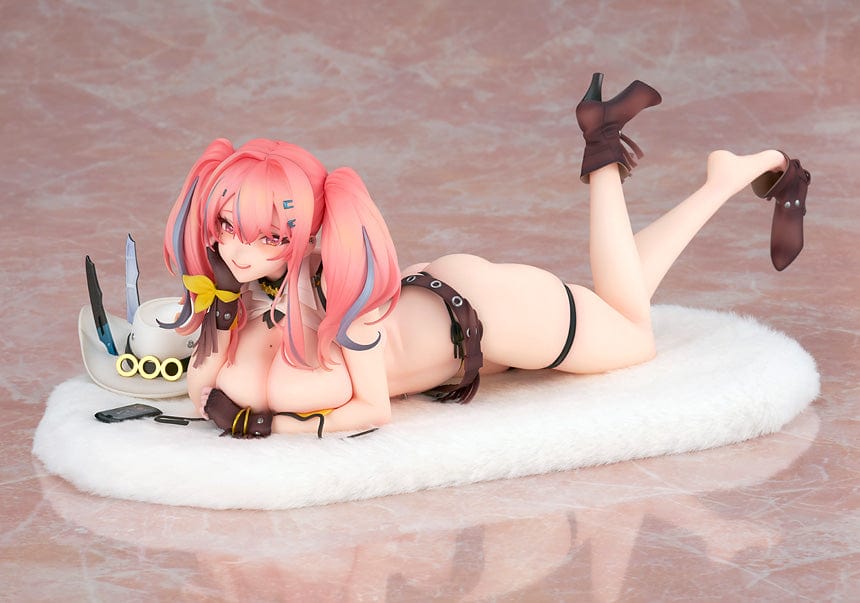 Azur Lane Bremerton (Hugging Pillow Ver.) 1/7 Scale Figure lying on a plush surface, with vibrant pink hair, black outfit, and detailed accessories.