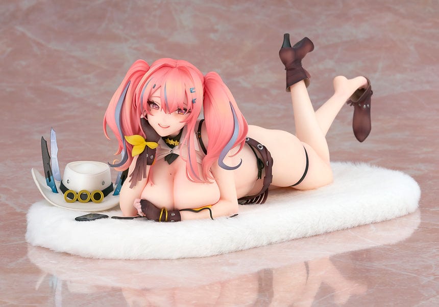 Azur Lane Bremerton (Hugging Pillow Ver.) 1/7 Scale Figure lying on a plush surface, with vibrant pink hair, black outfit, and detailed accessories.