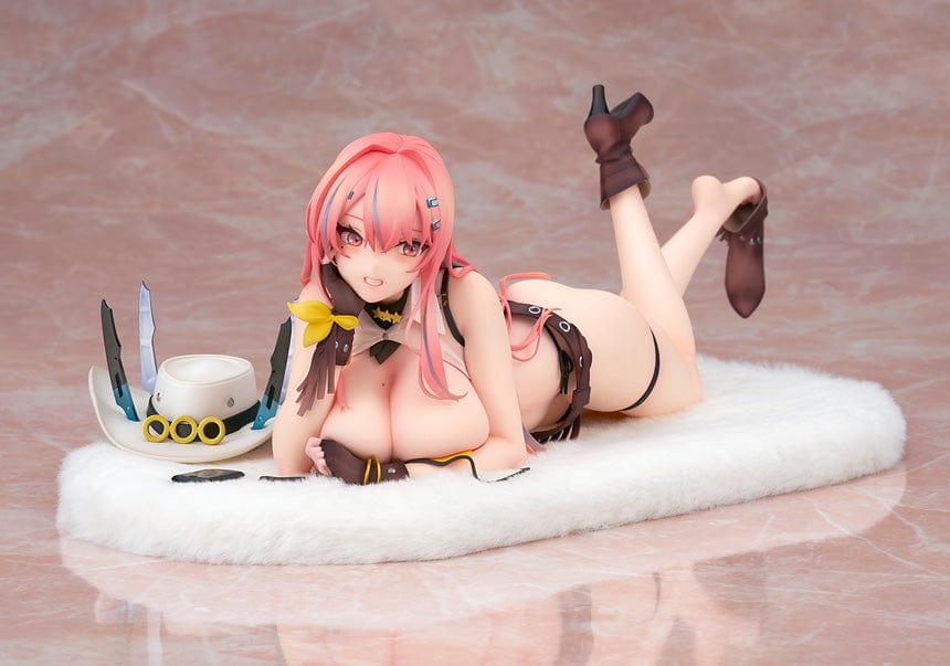 Azur Lane Bremerton (Hugging Pillow Ver.) 1/7 Scale Figure lying on a plush surface, with vibrant pink hair, black outfit, and detailed accessories.