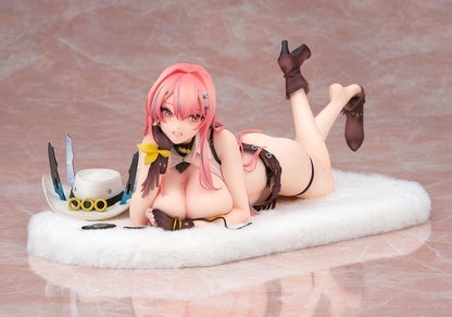 Azur Lane Bremerton (Hugging Pillow Ver.) 1/7 Scale Figure lying on a plush surface, with vibrant pink hair, black outfit, and detailed accessories.