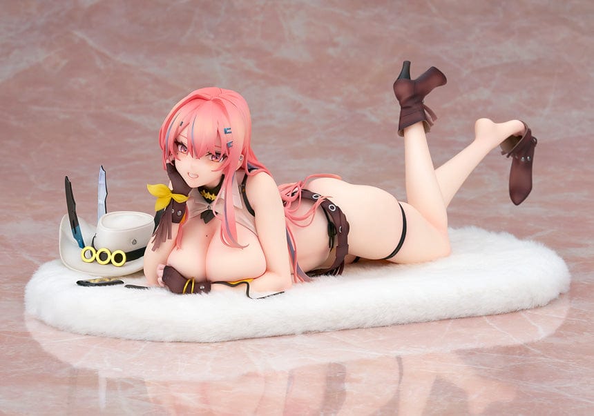 Azur Lane Bremerton (Hugging Pillow Ver.) 1/7 Scale Figure lying on a plush surface, with vibrant pink hair, black outfit, and detailed accessories.