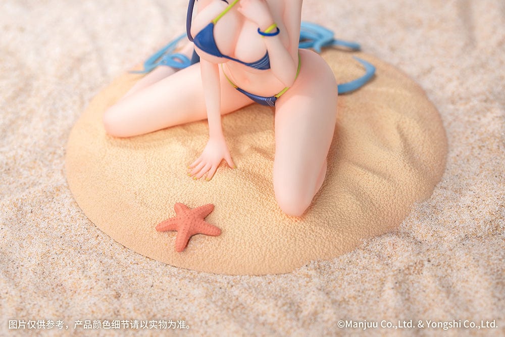 Azur Lane Gift+ New Jersey (Midsummer Leisure Ver.) 1/8 Scale Figure in blue bikini, kneeling on a sandy beach base with starfish.