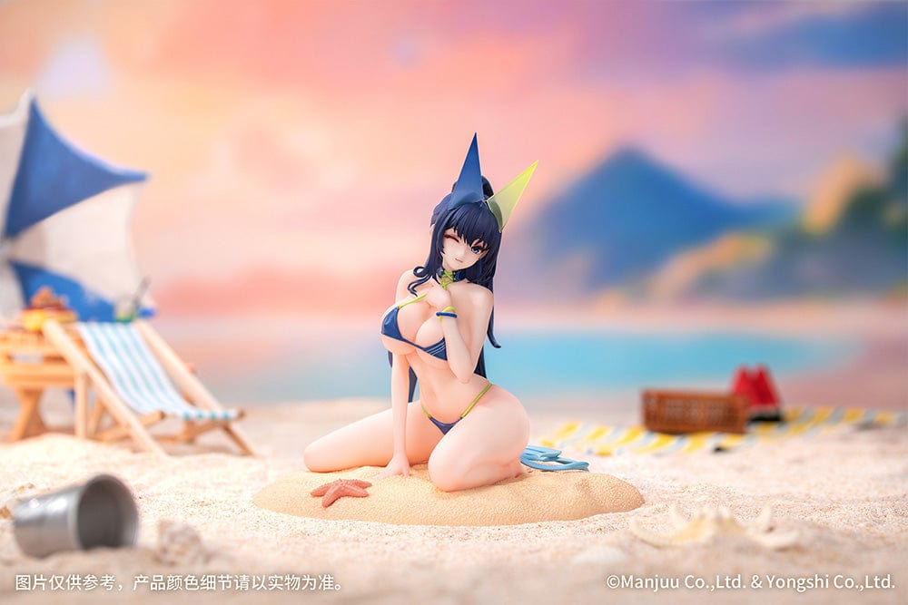 Azur Lane Gift+ New Jersey (Midsummer Leisure Ver.) 1/8 Scale Figure in blue bikini, kneeling on a sandy beach base with starfish.