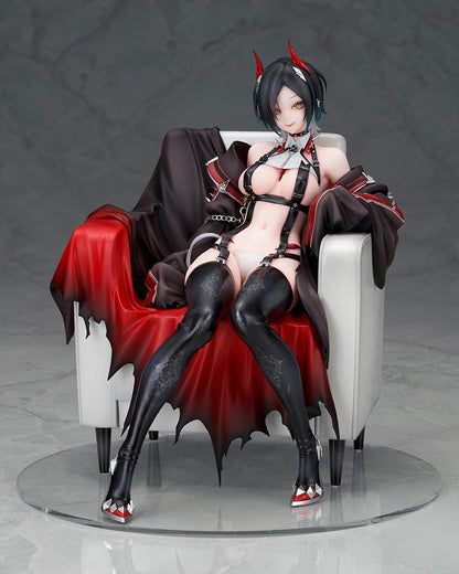 Azur Lane Ulrich von Hutten 1/7 scale figure seated on a regal chair, dressed in a black and red outfit with thigh-high boots and horns.