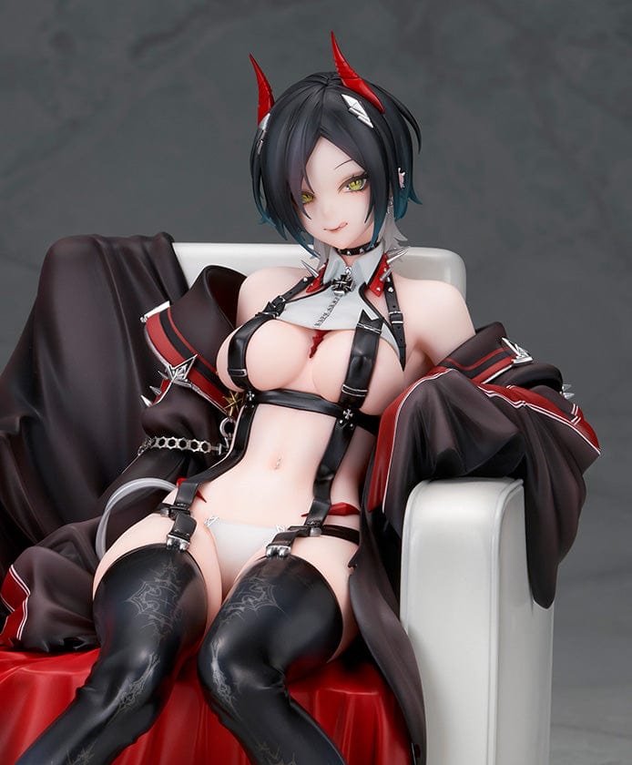 Azur Lane Ulrich von Hutten 1/7 scale figure seated on a regal chair, dressed in a black and red outfit with thigh-high boots and horns.