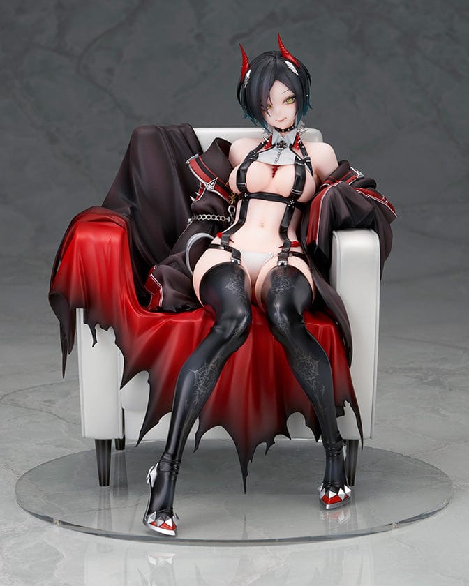 Azur Lane Ulrich von Hutten 1/7 scale figure seated on a regal chair, dressed in a black and red outfit with thigh-high boots and horns.