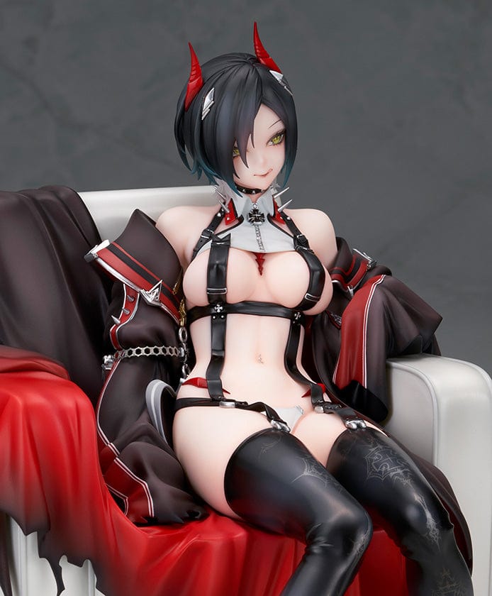 Azur Lane Ulrich von Hutten 1/7 scale figure seated on a regal chair, dressed in a black and red outfit with thigh-high boots and horns.