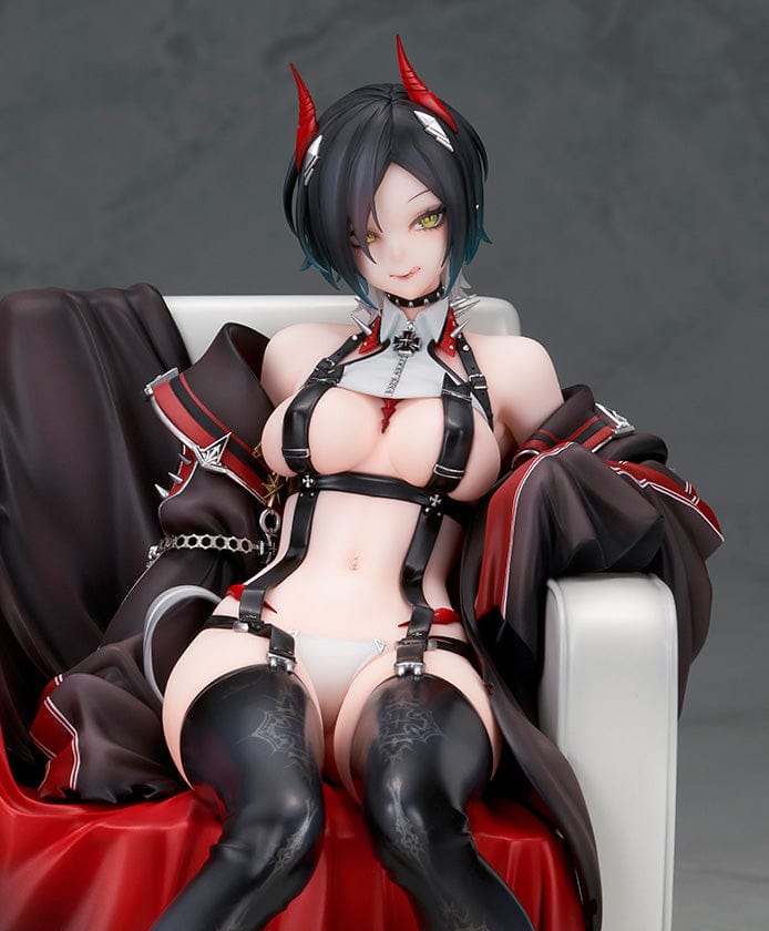 Azur Lane Ulrich von Hutten 1/7 scale figure seated on a regal chair, dressed in a black and red outfit with thigh-high boots and horns.