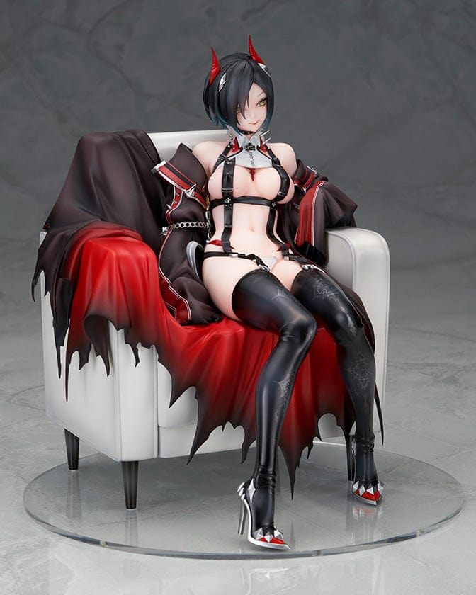 Azur Lane Ulrich von Hutten 1/7 scale figure seated on a regal chair, dressed in a black and red outfit with thigh-high boots and horns.