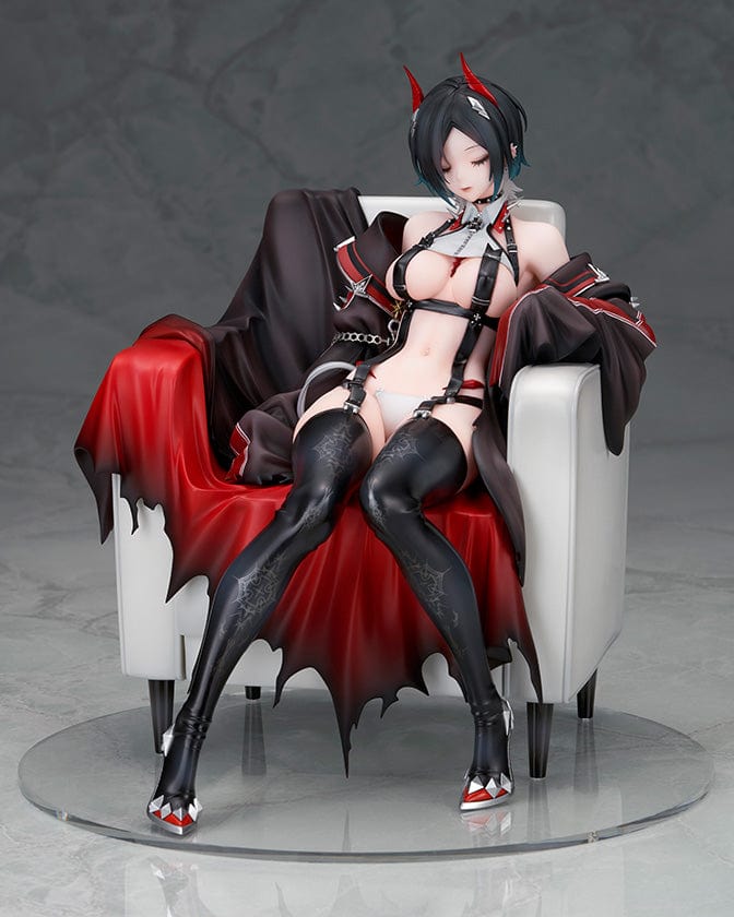 Azur Lane Ulrich von Hutten 1/7 scale figure seated on a regal chair, dressed in a black and red outfit with thigh-high boots and horns.