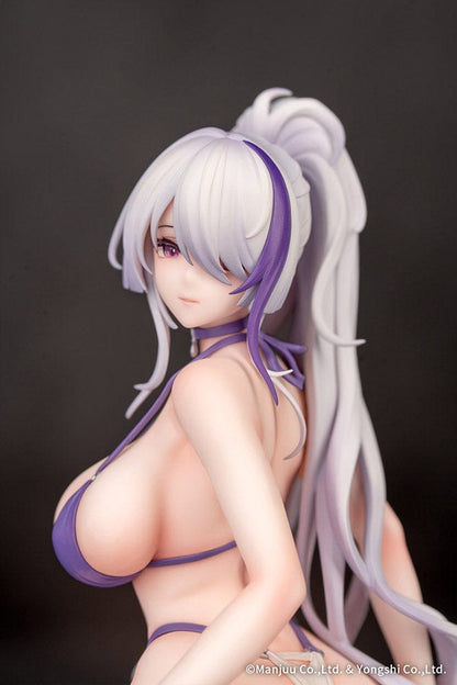 Azur Lane Unzen Sojourn Through Clear Seas 1/8 Scale Figure, featuring Unzen seated on a cushion with a flowing purple cloth, showcasing her white hair and elegant pose.