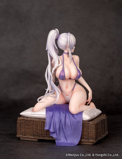 Azur Lane Unzen Sojourn Through Clear Seas 1/8 Scale Figure, featuring Unzen seated on a cushion with a flowing purple cloth, showcasing her white hair and elegant pose.