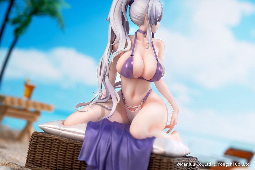 Azur Lane Unzen Sojourn Through Clear Seas 1/8 Scale Figure, featuring Unzen seated on a cushion with a flowing purple cloth, showcasing her white hair and elegant pose.