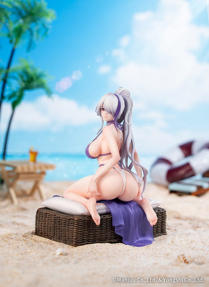 Azur Lane Unzen Sojourn Through Clear Seas 1/8 Scale Figure, featuring Unzen seated on a cushion with a flowing purple cloth, showcasing her white hair and elegant pose.