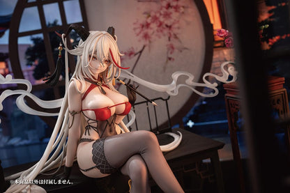 Agir Golden Dragon Among Auspicious Clouds Ver. 1/6 Scale Figure from Azur Lane, seated on a traditional Chinese table with long silver hair and a red and black outfit featuring golden dragon motifs