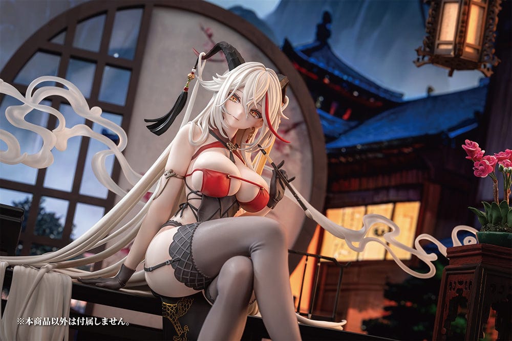 Agir Golden Dragon Among Auspicious Clouds Ver. 1/6 Scale Figure from Azur Lane, seated on a traditional Chinese table with long silver hair and a red and black outfit featuring golden dragon motifs