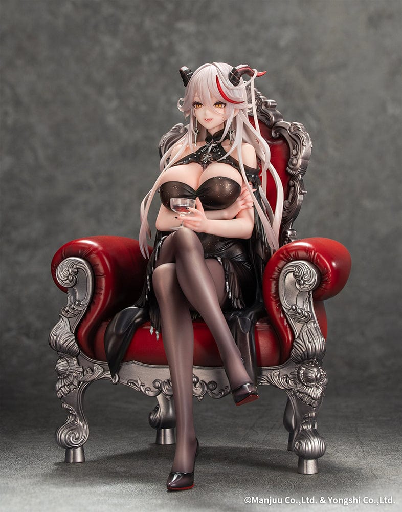 Azur Lane Agir Rose Ceremony Ver. 1/7 Scale Figure seated in an ornate chair holding a glass of wine in a glamorous black dress.