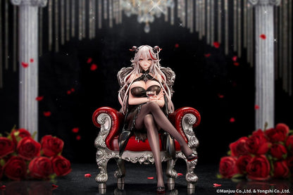 Azur Lane Agir Rose Ceremony Ver. 1/7 Scale Figure seated in an ornate chair holding a glass of wine in a glamorous black dress.