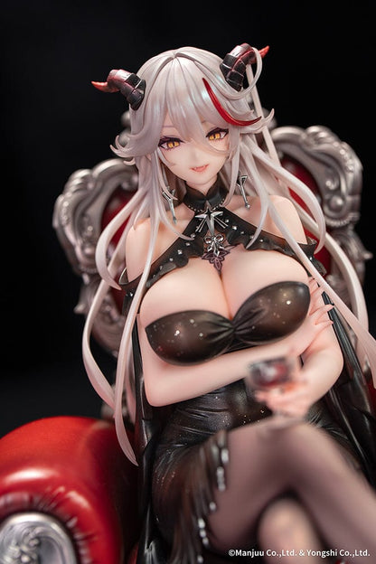 Azur Lane Agir Rose Ceremony Ver. 1/7 Scale Figure seated in an ornate chair holding a glass of wine in a glamorous black dress.