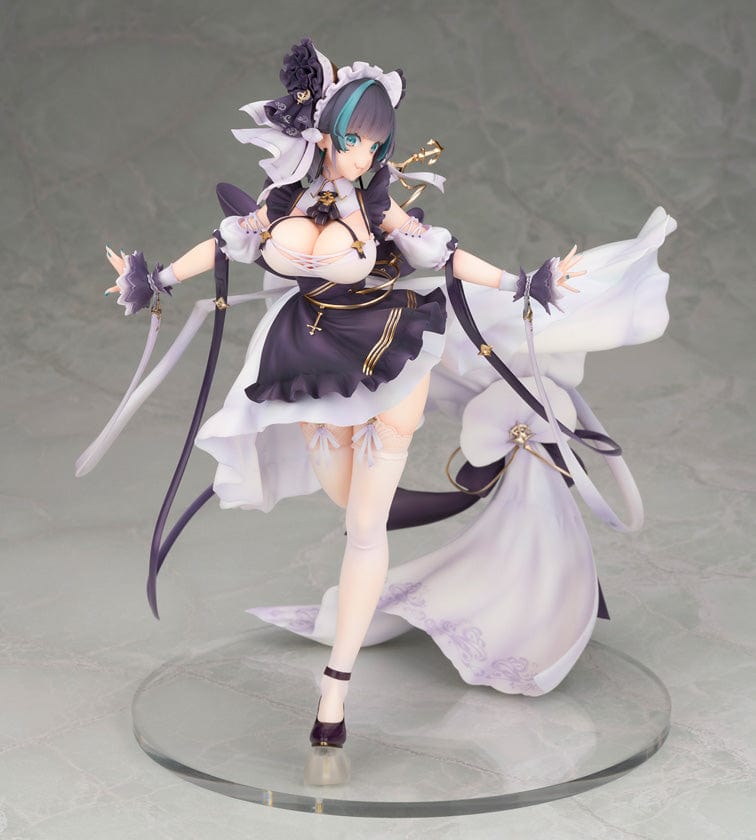Azur Lane Cheshire 1/7 Scale Figure, featuring the character in her regal white and purple battle attire with flowing hair, poised with an alluring expression, surrounded by the elegant sweep of her cape and intricate armaments.