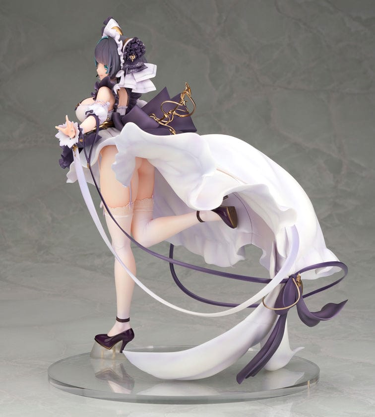 Azur Lane Cheshire 1/7 Scale Figure, featuring the character in her regal white and purple battle attire with flowing hair, poised with an alluring expression, surrounded by the elegant sweep of her cape and intricate armaments.