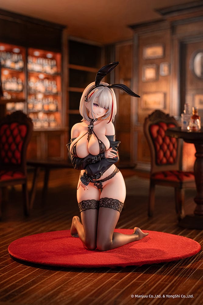 “Azur Lane Duisburg (Endurance Training Gone Wrong Ver.) 1/6 scale figure—silver-haired girl with red streak, glossy bunny ears, lace lingerie outfit and thigh-highs, kneeling on display base.”