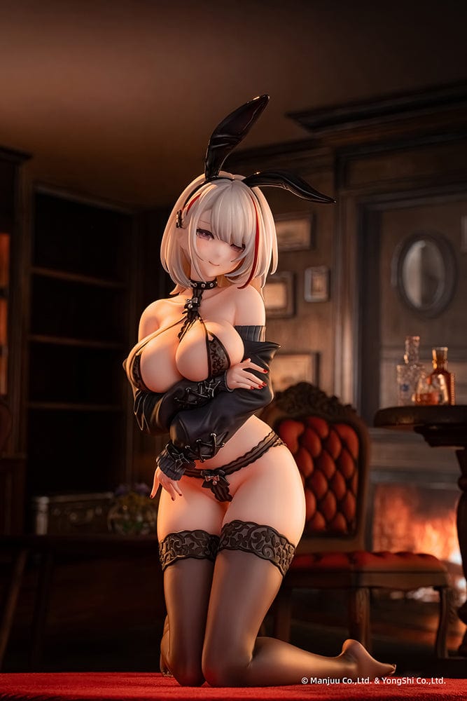 “Azur Lane Duisburg (Endurance Training Gone Wrong Ver.) 1/6 scale figure—silver-haired girl with red streak, glossy bunny ears, lace lingerie outfit and thigh-highs, kneeling on display base.”