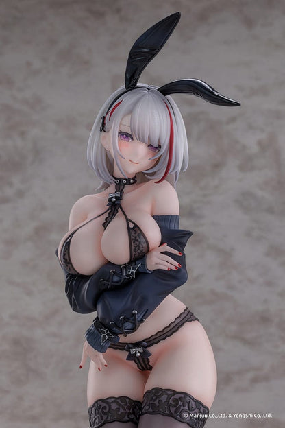 “Azur Lane Duisburg (Endurance Training Gone Wrong Ver.) 1/6 scale figure—silver-haired girl with red streak, glossy bunny ears, lace lingerie outfit and thigh-highs, kneeling on display base.”