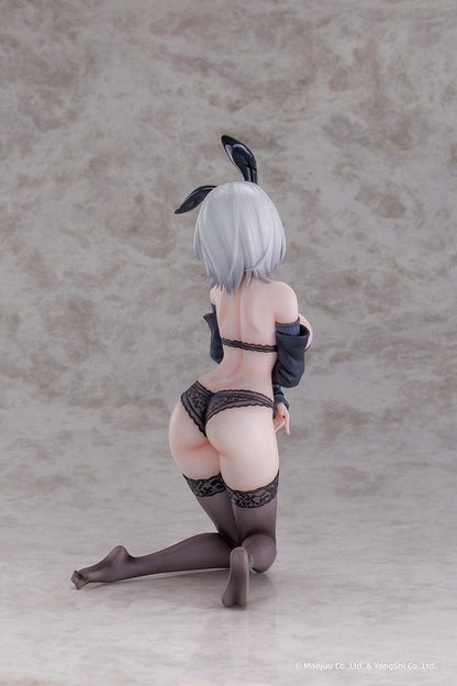 “Azur Lane Duisburg (Endurance Training Gone Wrong Ver.) 1/6 scale figure—silver-haired girl with red streak, glossy bunny ears, lace lingerie outfit and thigh-highs, kneeling on display base.”