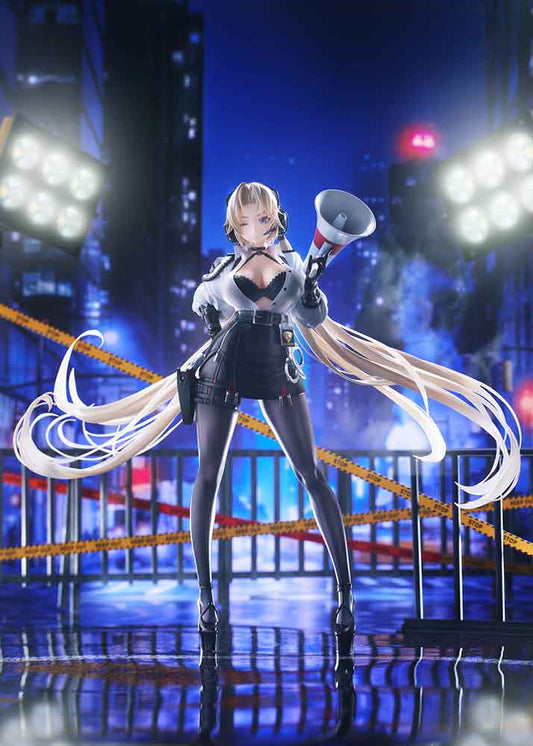 A figure of Kronshtadt from 'Azur Lane' in a 'Begin the Rush!' pose, depicted in a 1/6 scale, with flowing blond hair, a commanding stance, and holding a megaphone.