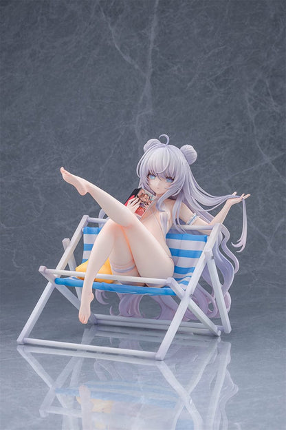 Azur Lane Le Malin (Mercredi at the Secret Base Ver.) 1/6 Scale Figure featuring Le Malin lounging in a striped beach chair with flowing silver hair and a delicate swimsuit.