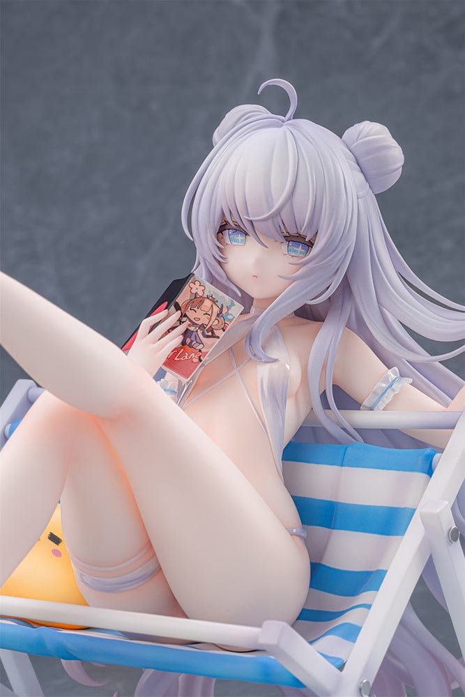 Azur Lane Le Malin (Mercredi at the Secret Base Ver.) 1/6 Scale Figure featuring Le Malin lounging in a striped beach chair with flowing silver hair and a delicate swimsuit.