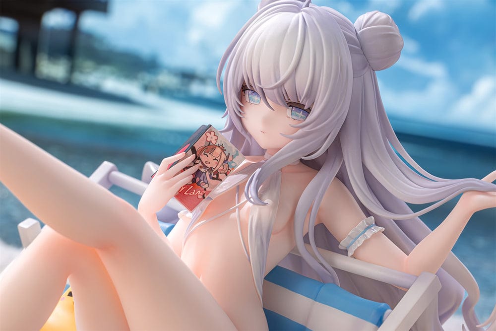 Azur Lane Le Malin (Mercredi at the Secret Base Ver.) 1/6 Scale Figure featuring Le Malin lounging in a striped beach chair with flowing silver hair and a delicate swimsuit.