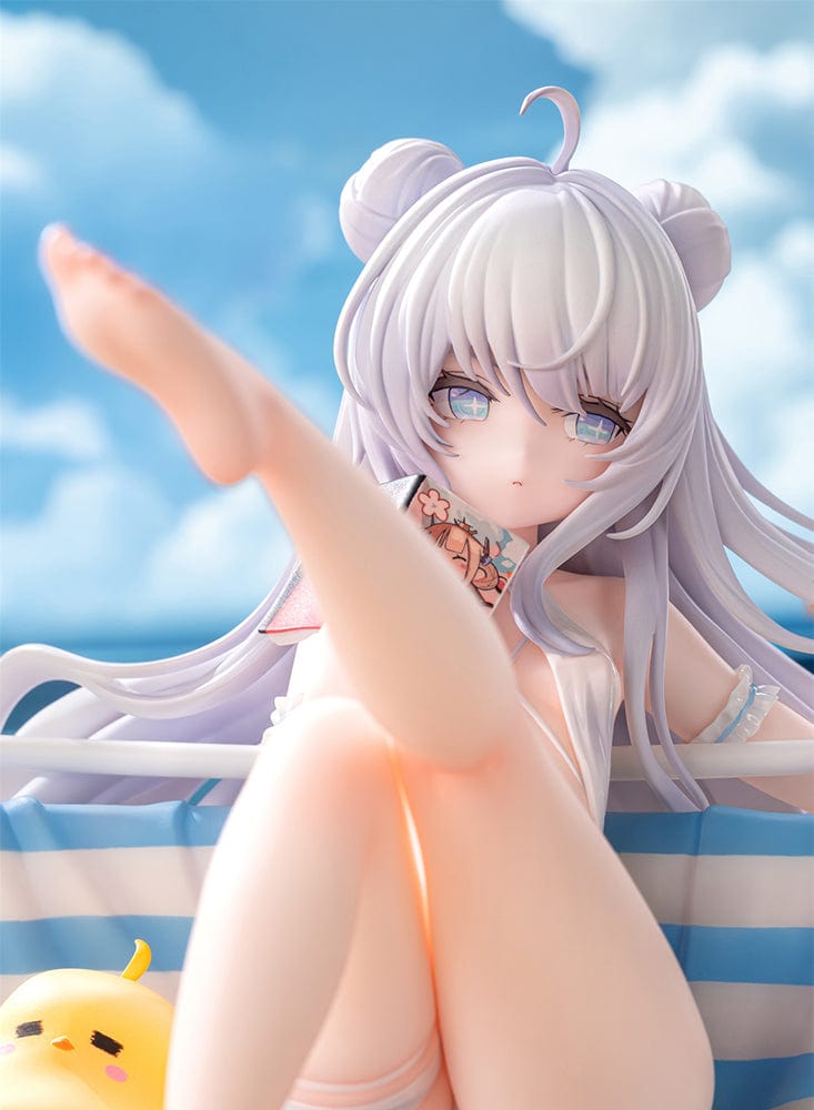 Azur Lane Le Malin (Mercredi at the Secret Base Ver.) 1/6 Scale Figure featuring Le Malin lounging in a striped beach chair with flowing silver hair and a delicate swimsuit.