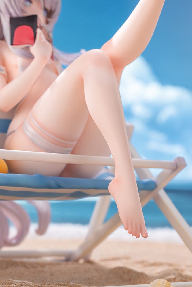 Azur Lane Le Malin (Mercredi at the Secret Base Ver.) 1/6 Scale Figure featuring Le Malin lounging in a striped beach chair with flowing silver hair and a delicate swimsuit.