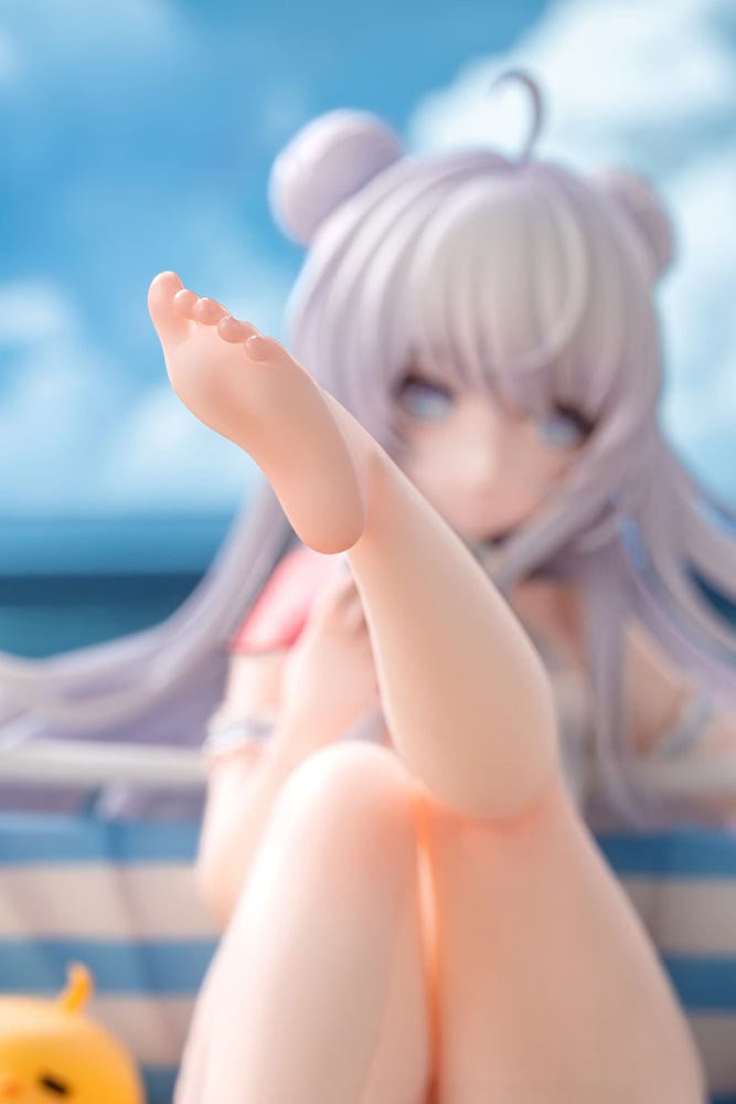 Azur Lane Le Malin (Mercredi at the Secret Base Ver.) 1/6 Scale Figure featuring Le Malin lounging in a striped beach chair with flowing silver hair and a delicate swimsuit.