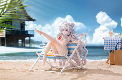 Azur Lane Le Malin (Mercredi at the Secret Base Ver.) 1/6 Scale Figure featuring Le Malin lounging in a striped beach chair with flowing silver hair and a delicate swimsuit.