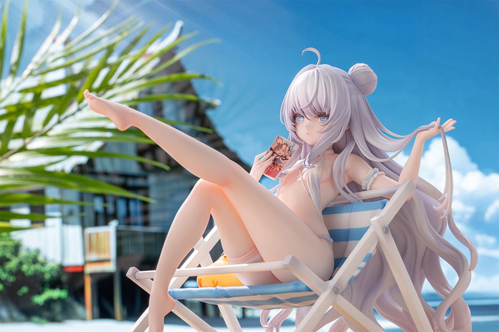 Azur Lane Le Malin (Mercredi at the Secret Base Ver.) 1/6 Scale Figure featuring Le Malin lounging in a striped beach chair with flowing silver hair and a delicate swimsuit.