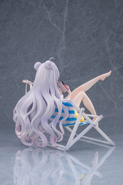 Azur Lane Le Malin (Mercredi at the Secret Base Ver.) 1/6 Scale Figure featuring Le Malin lounging in a striped beach chair with flowing silver hair and a delicate swimsuit.