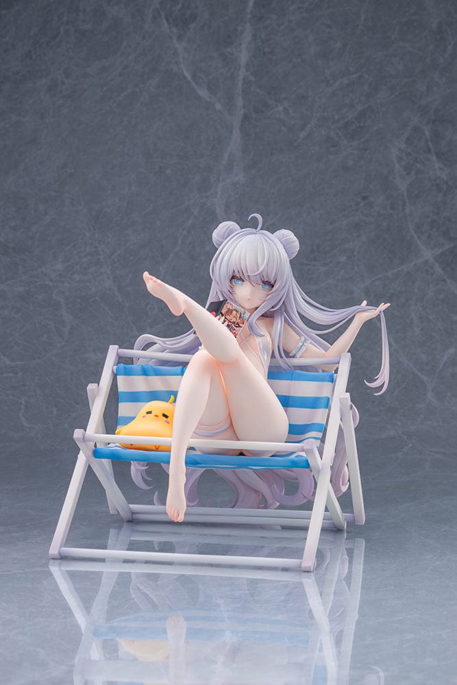 Azur Lane Le Malin (Mercredi at the Secret Base Ver.) 1/6 Scale Figure featuring Le Malin lounging in a striped beach chair with flowing silver hair and a delicate swimsuit.