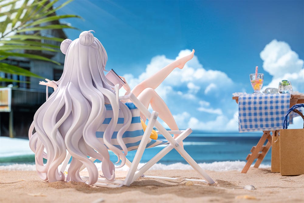 Azur Lane Le Malin (Mercredi at the Secret Base Ver.) 1/6 Scale Figure featuring Le Malin lounging in a striped beach chair with flowing silver hair and a delicate swimsuit.