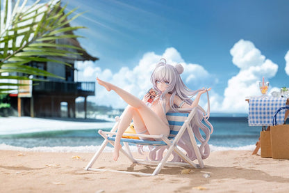 Azur Lane Le Malin (Mercredi at the Secret Base Ver.) 1/6 Scale Figure featuring Le Malin lounging in a striped beach chair with flowing silver hair and a delicate swimsuit.