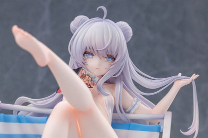 Azur Lane Le Malin (Mercredi at the Secret Base Ver.) 1/6 Scale Figure featuring Le Malin lounging in a striped beach chair with flowing silver hair and a delicate swimsuit.