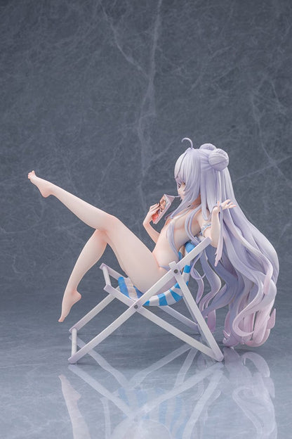 Azur Lane Le Malin (Mercredi at the Secret Base Ver.) 1/6 Scale Figure featuring Le Malin lounging in a striped beach chair with flowing silver hair and a delicate swimsuit.